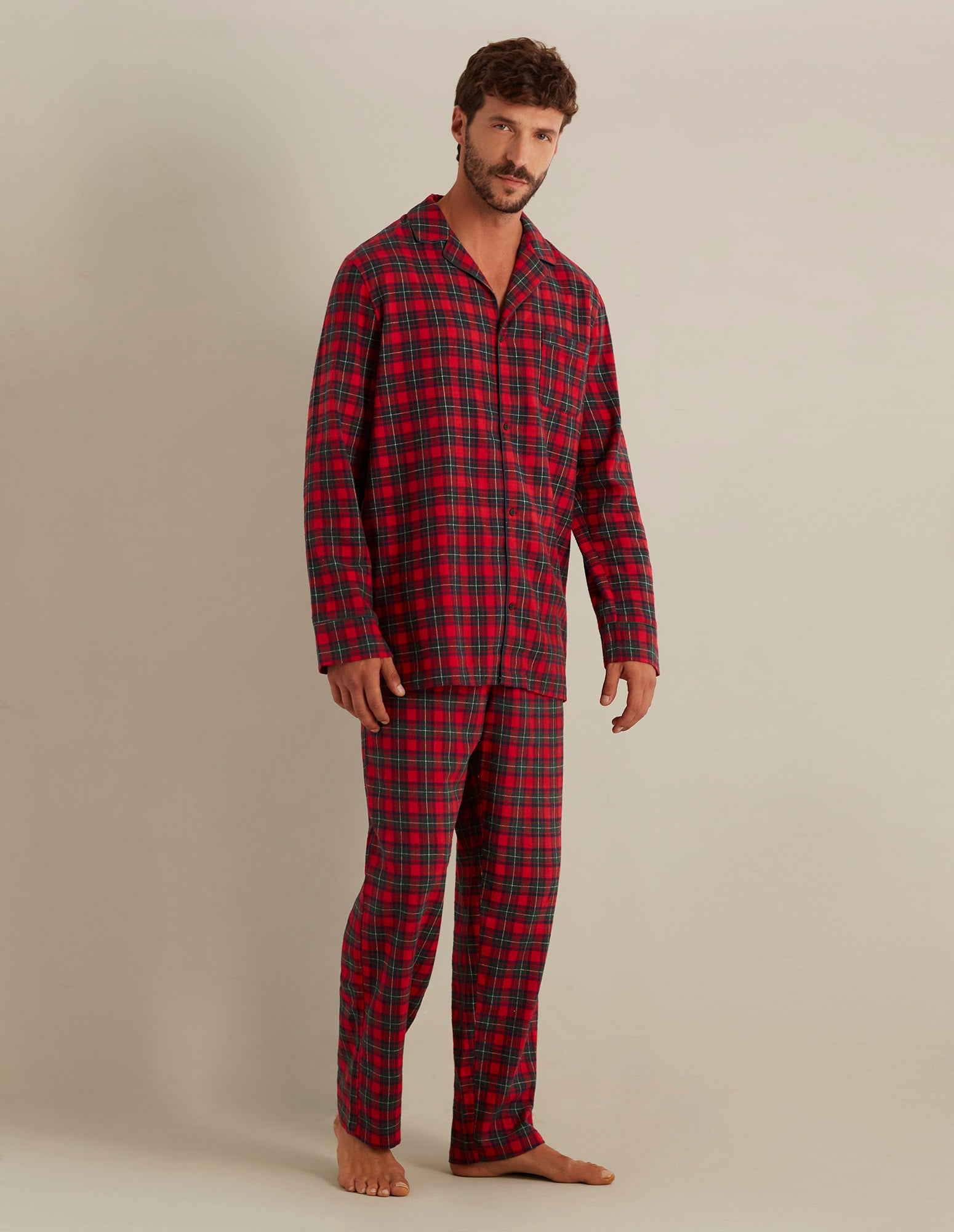 Tartan Family Man Long-Pyjamas with front opening